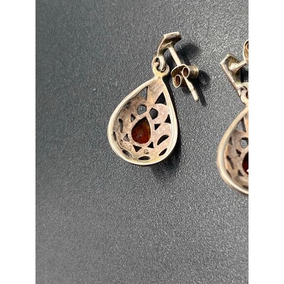 Vintage Sterling Silver Marcasite Red Stone Dangle Earrings India 6.4 grams - Picture 7 of 8